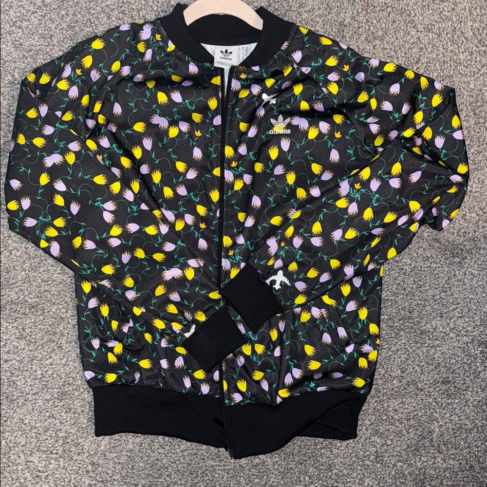Adidas women’s Jacket with Floral Design - Black, lilac, and Yellow